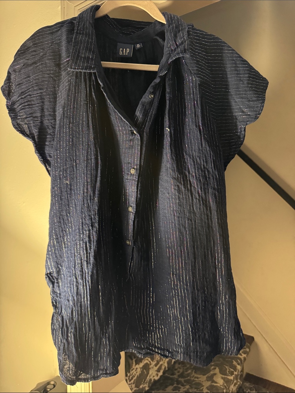 GAP Navy Button-Front Top with Metallic Pinstripes